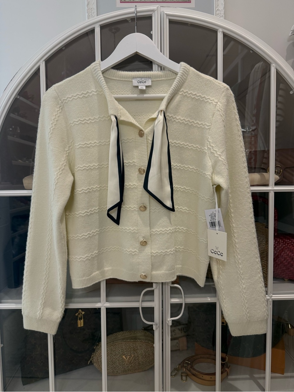 CeCe Cream Knit Cardigan with Black-Trim Ribbon